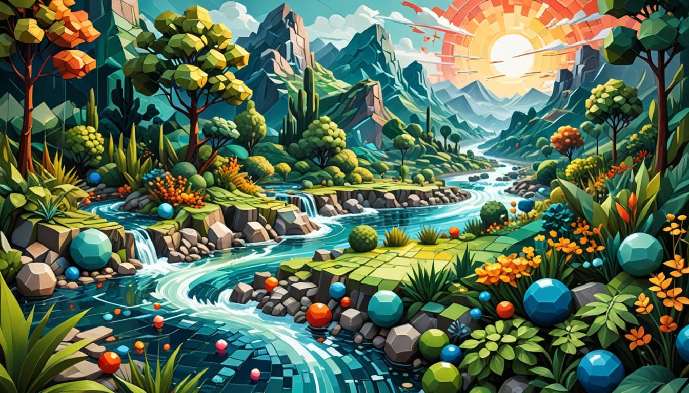 Geometric River Landscape with Cubist Plants