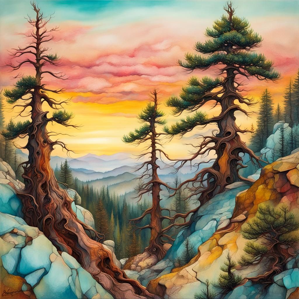 Bristlecone Pine Forest Landscape as Alcohol Ink Painting