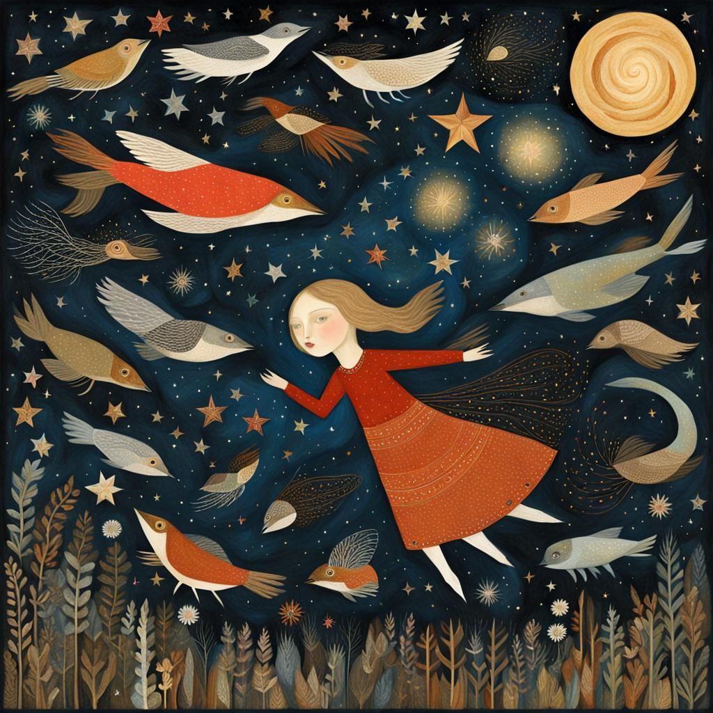 Mystical Girl's Galaxy Dream: Whimsical Collage Illustration