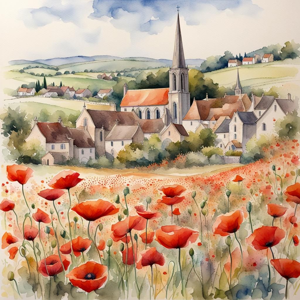 French Village Church Spire Surrounded by Poppies in Waterco...