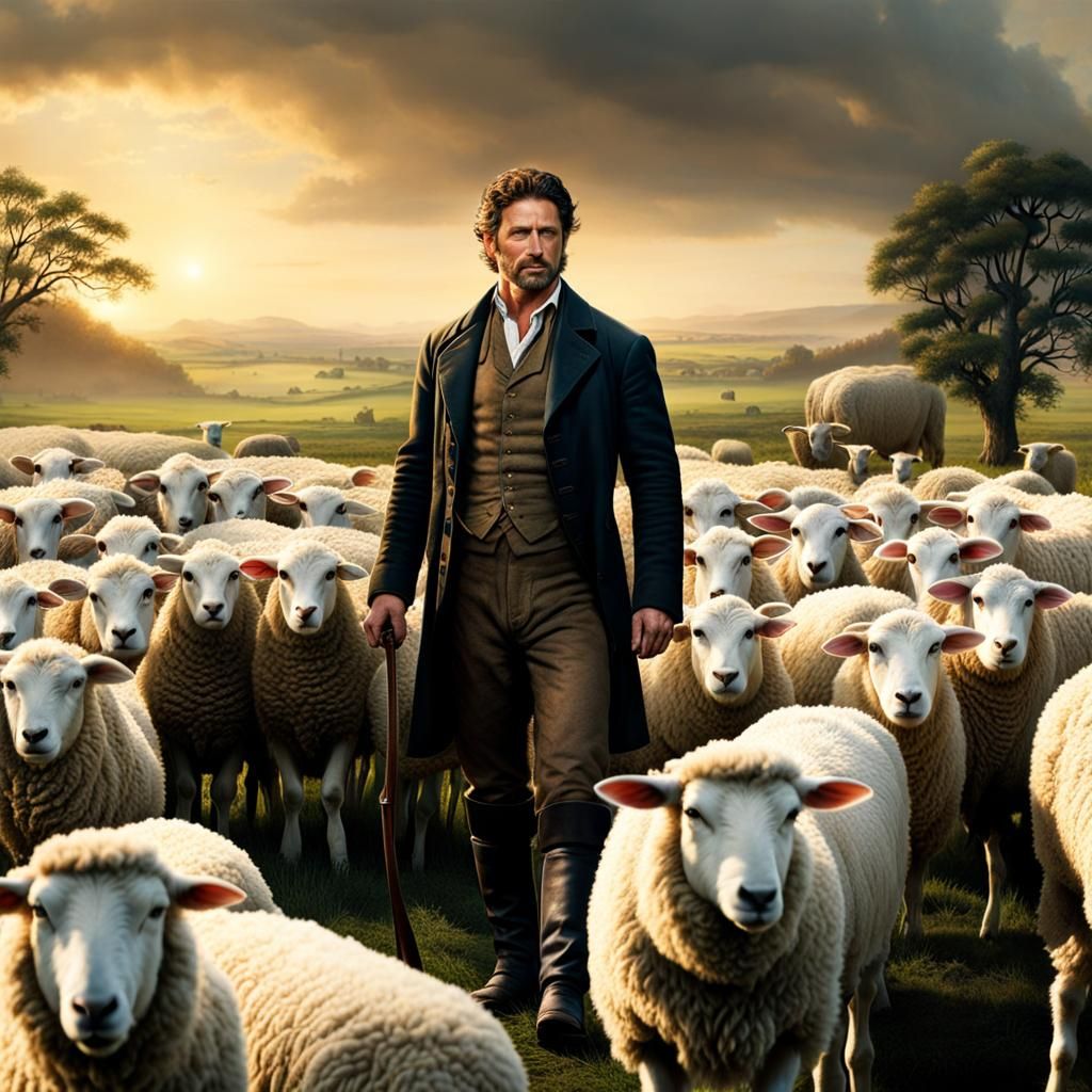 Victorian gentleman surrounded by sheep