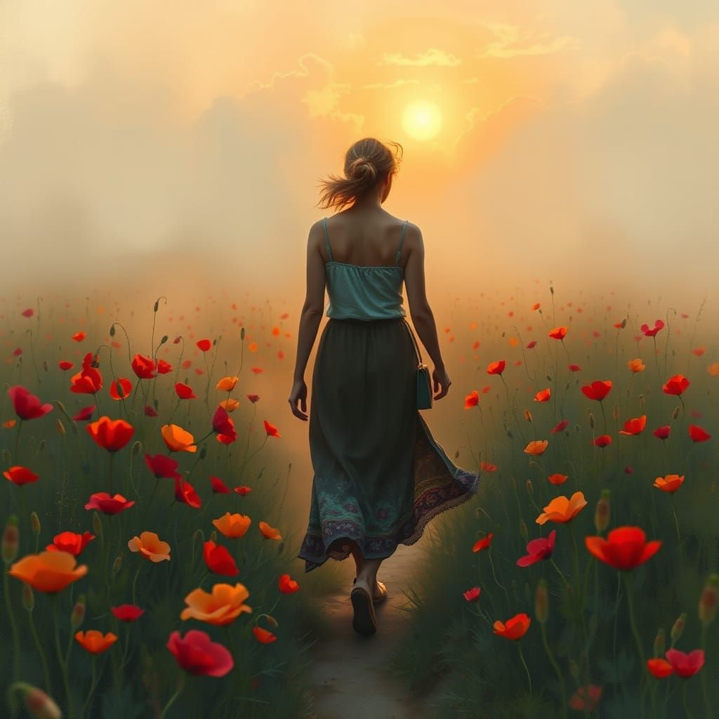 Poppy Field Sunrise in Impressionistic Style