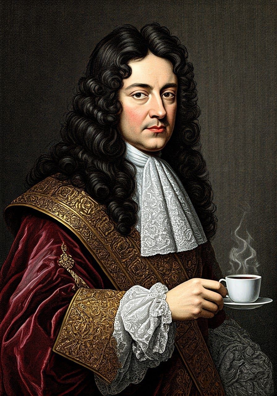 King Louis XIV's First Coffee, Hyperrealistic Portrait