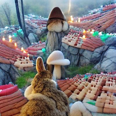 Rabbit Wizard Overlooks Cozy Mushroom Village