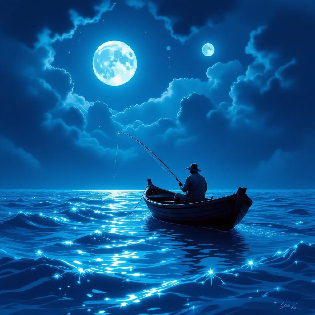 Fisherman's Eerie Glow: Twin Moons Over Phosphorescent Sea