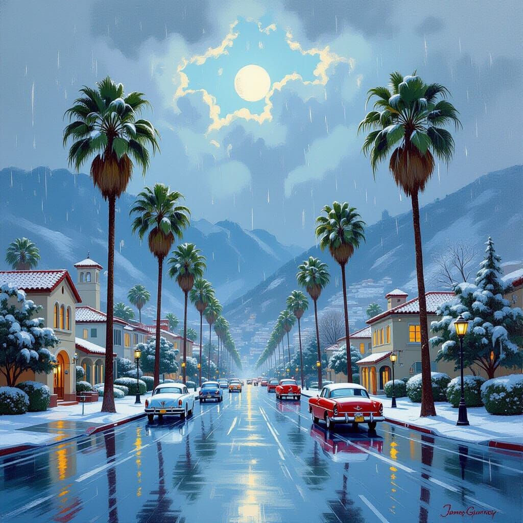 Rare Snow and Rain in Southern California Oil Painting