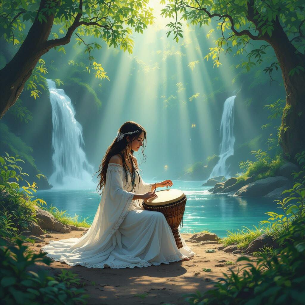 Sunlit Forest Scene with Shamanic Drum Player