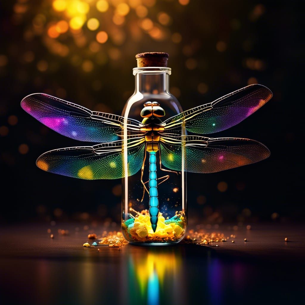 Luminescent Dragonfly in Bottle: Hyperrealistic Digital Art