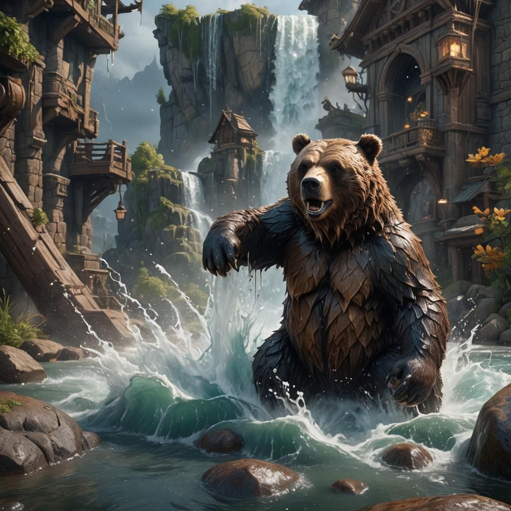 Grumpy Bear Blasted by Water Jets in Detailed Painting