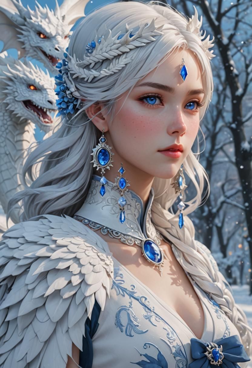 Anime Woman with White Dragon in Winter Outfit