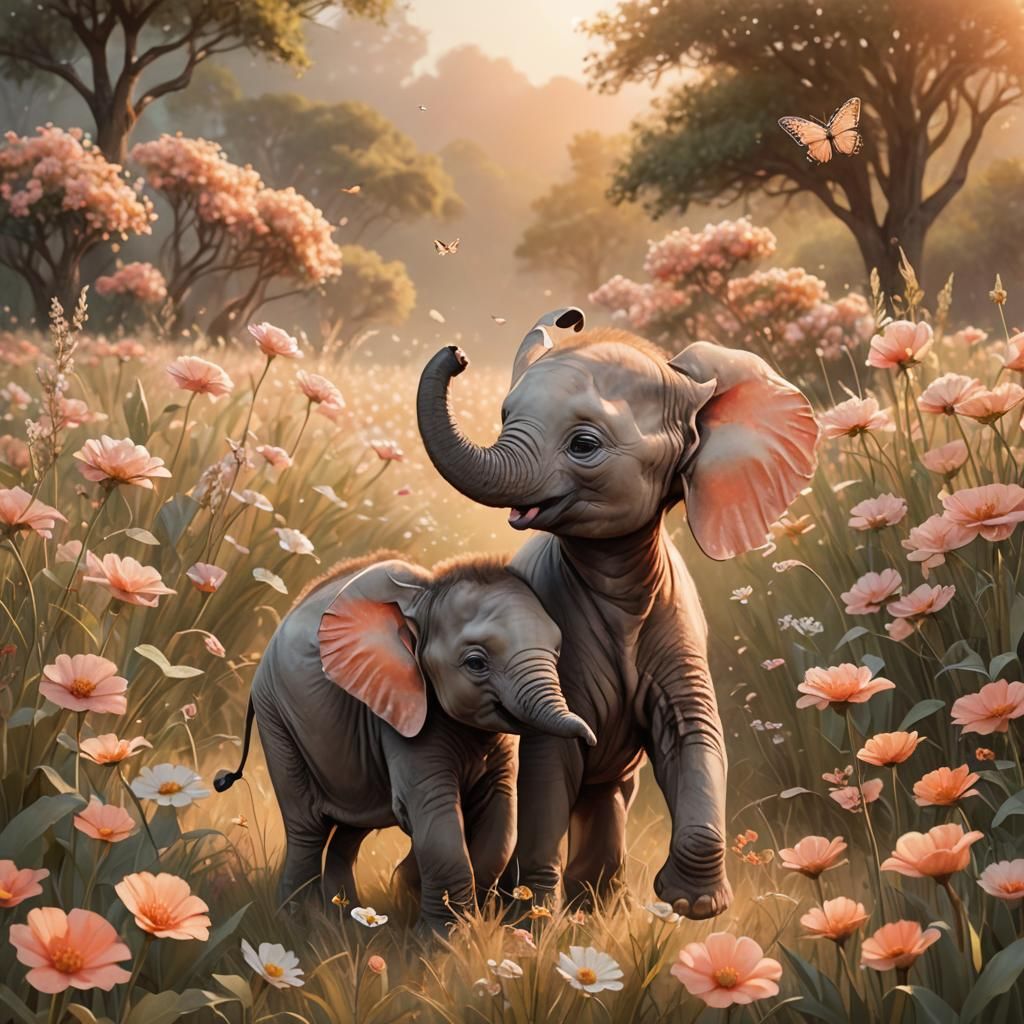 Baby Elephant in Flower Field: Whimsical Concept Art