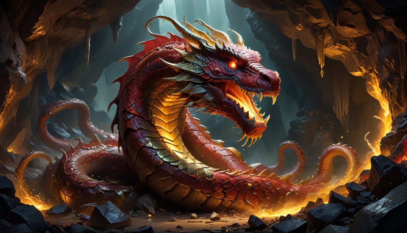 Epic Fantasy Digital Painting of a Basilisk in a Treasure Ho...