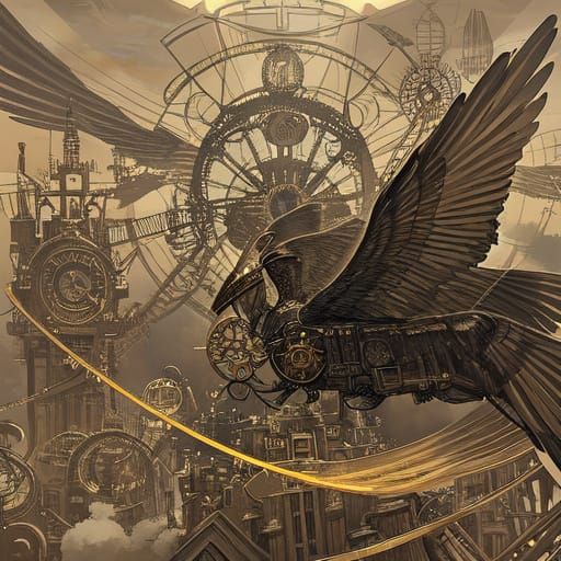 A steampunk ornithopter soars through a cloudy sky, its bras...