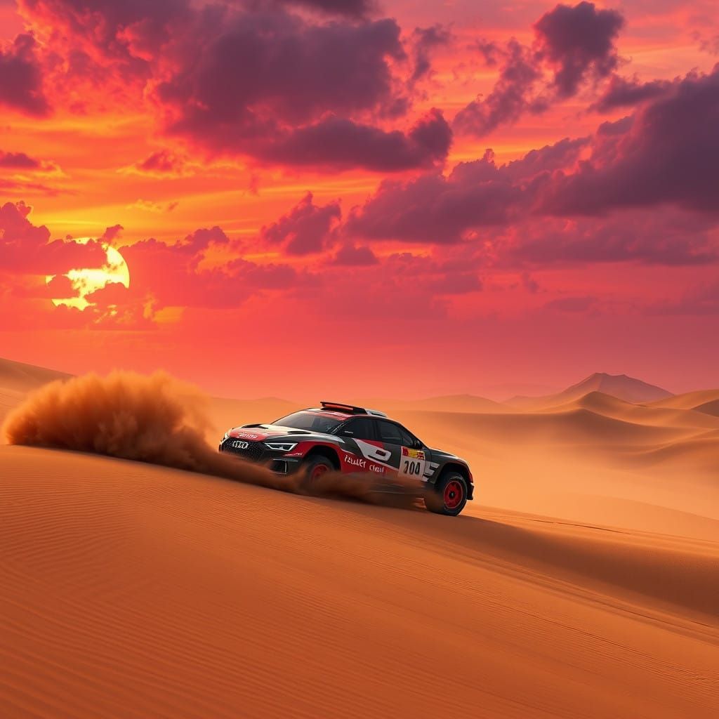 Audi RS Q e-tron Dakar Rally Car in a Fiery Sunset on Sand D...