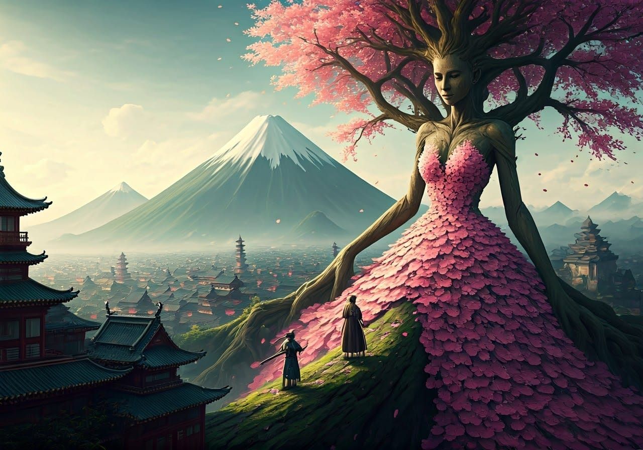 Fantasy Samurai Visits Cherry Blossom Tree Goddess
