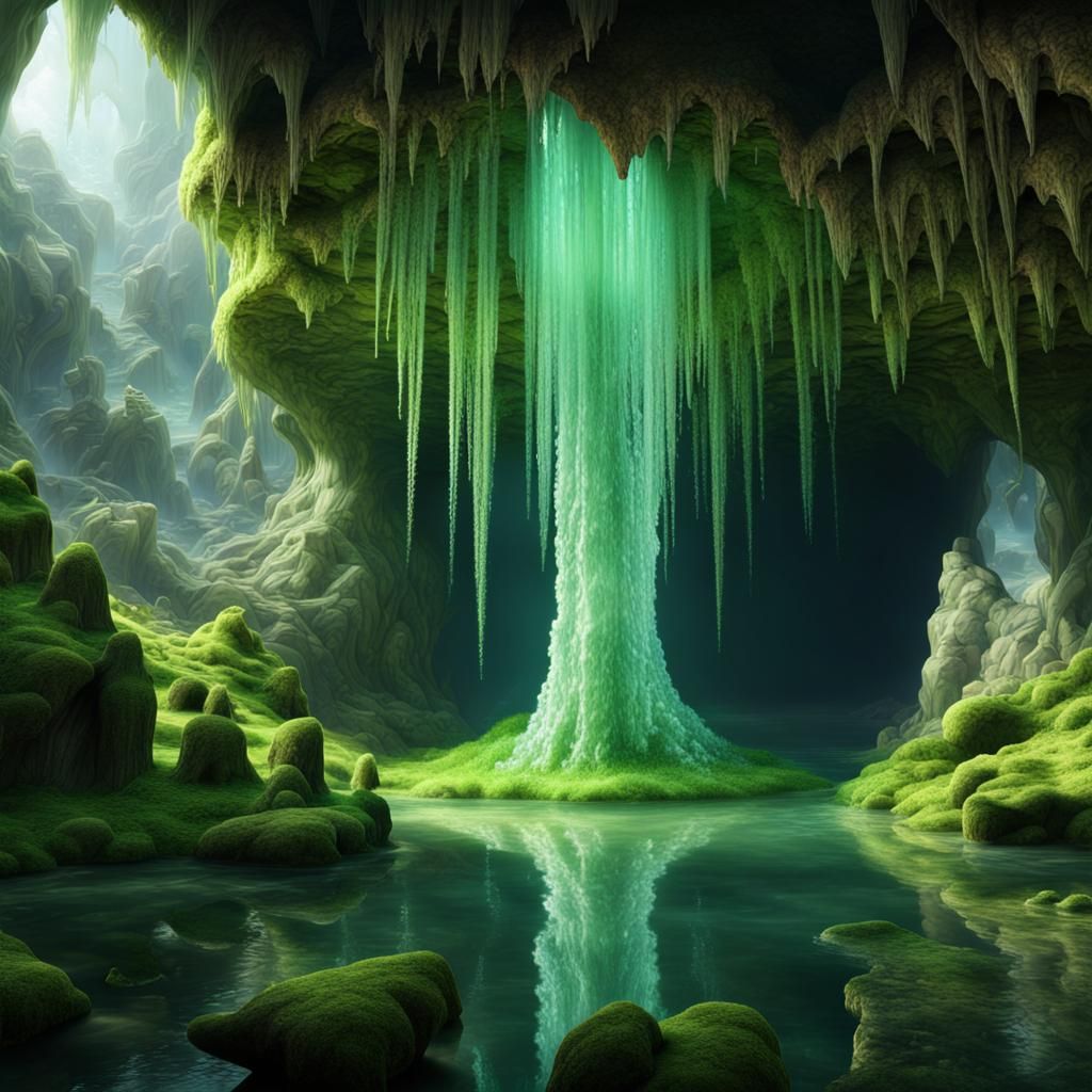 Beautiful Crystal Cave with Waterfall: Digital Painting