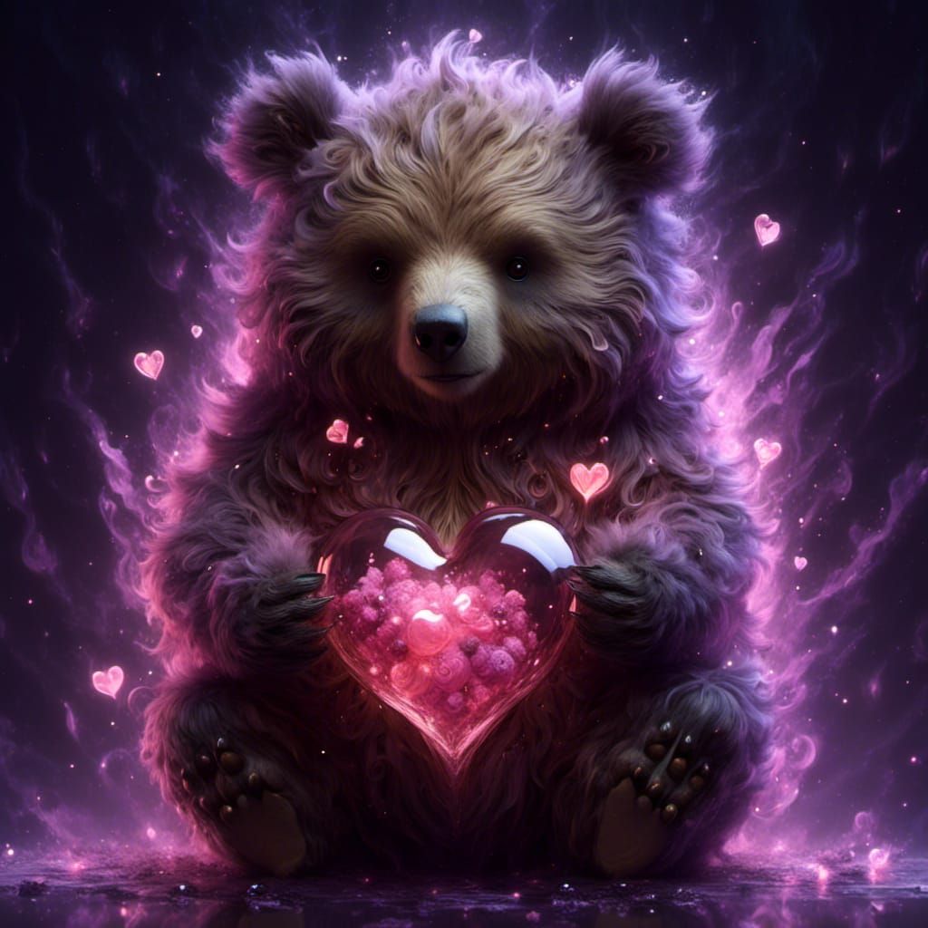 Chibi Grizzly Bear Holding Sparkling Glass Heart