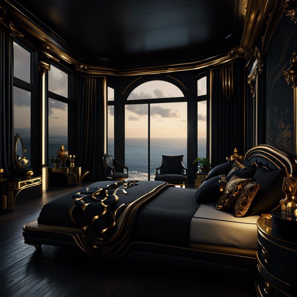 Opulent Black and Gold Bedroom Overlooking Ocean