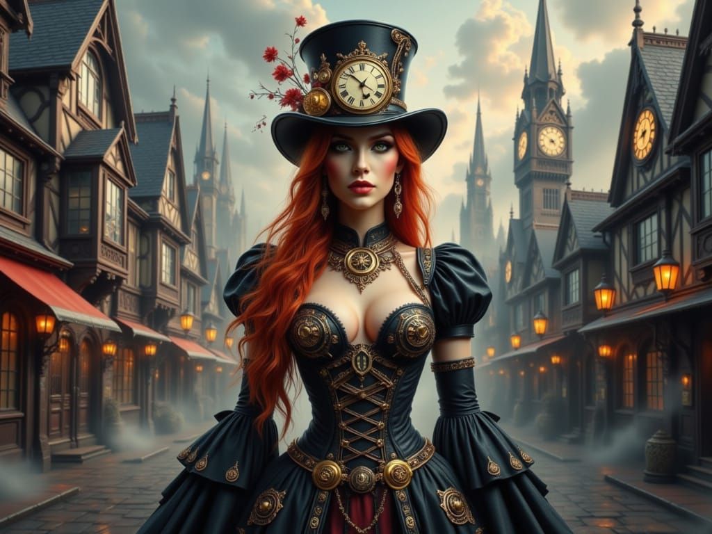 Stunning Clockpunk Woman in Opulent Victorian-Era Attire