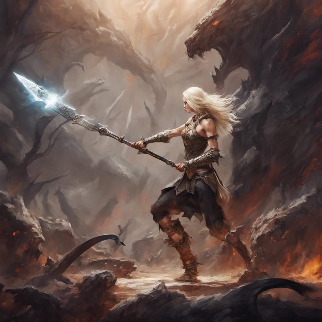 Blond Warrior Fighting Monster with Spear