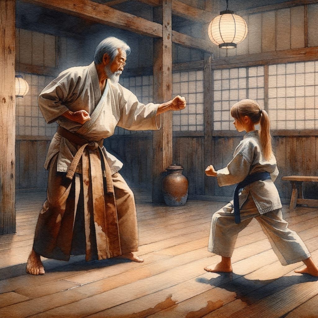 Watercolor Dojo Scene with Karate Teacher