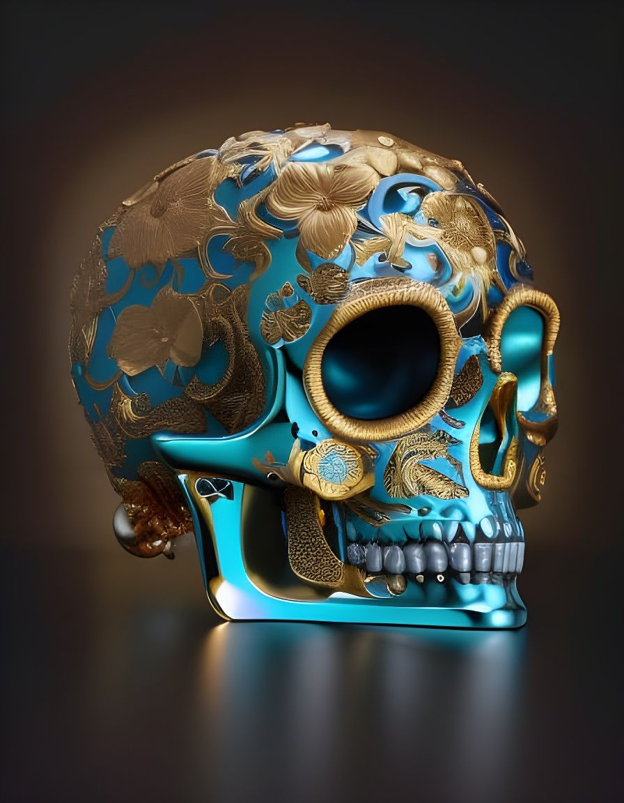 Intricate Golden Skull with Roses, Digital Art