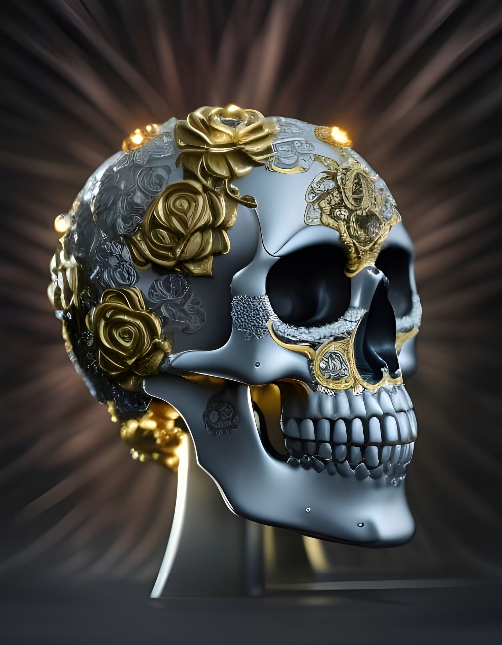 Intricate Golden Skull with Roses Digital Art