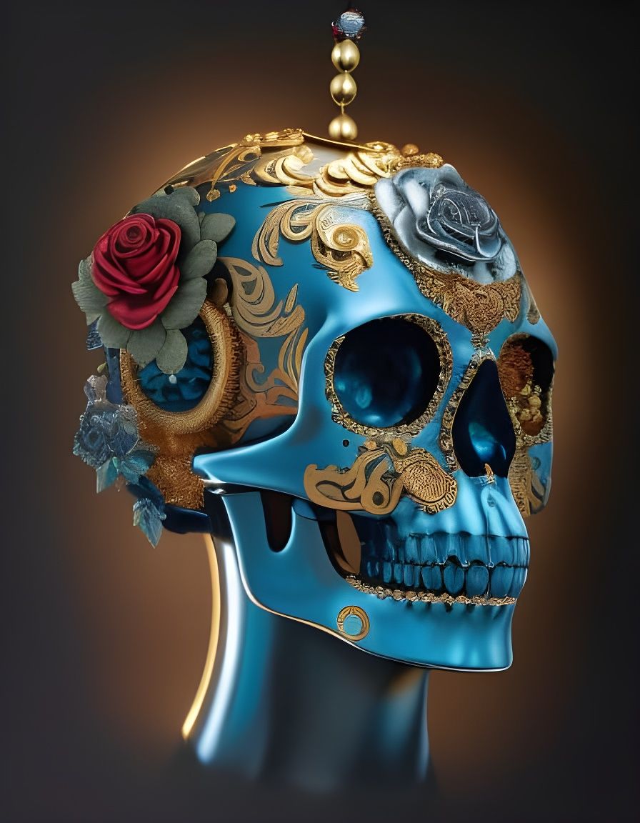 Intricate Golden Skull with Roses Digital Illustration