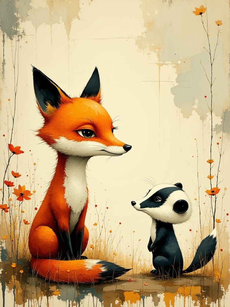 Fox and Badger Chat Inspired by Sam Toft