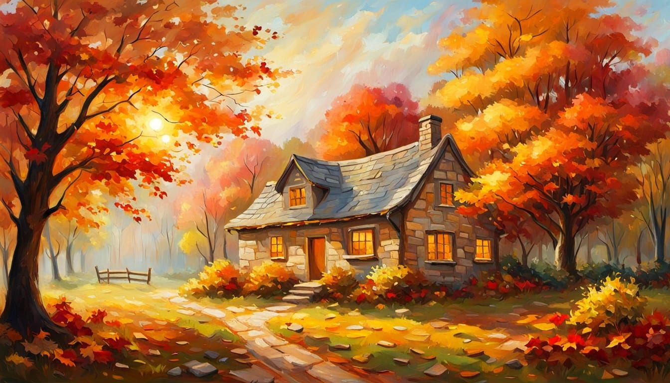 Autumn Cottage in Impressionist Style Oil Painting