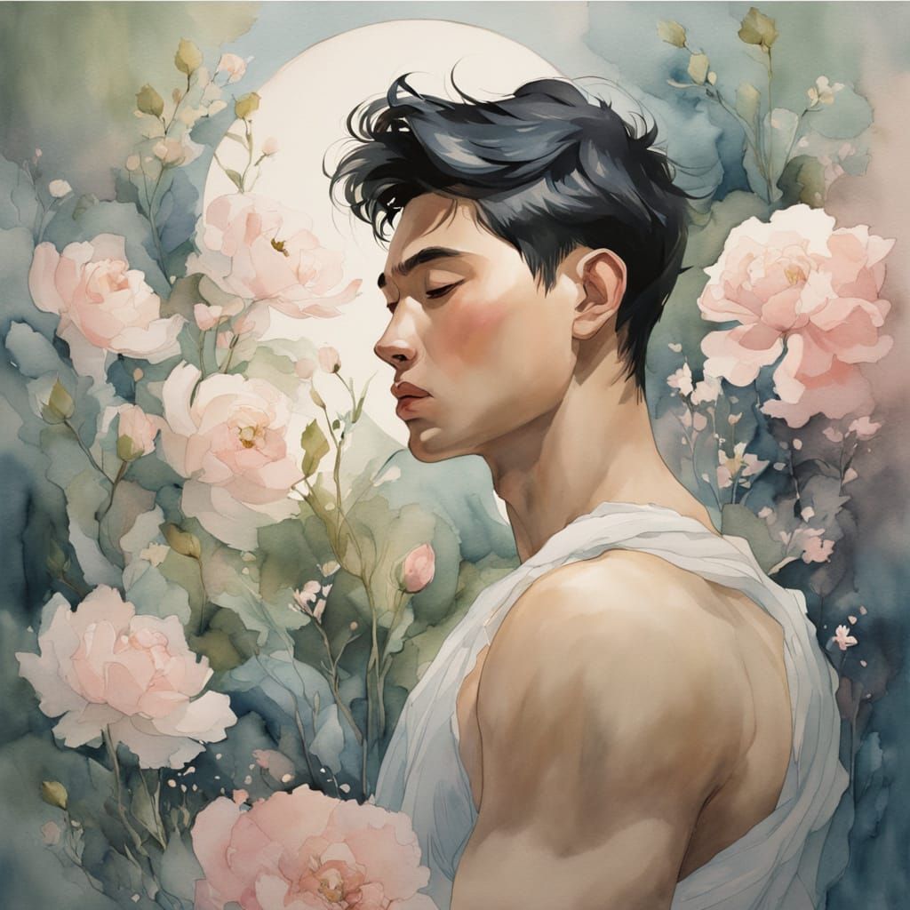 Watercolor Portrait of a Serene Young Man with Floral Backgr...