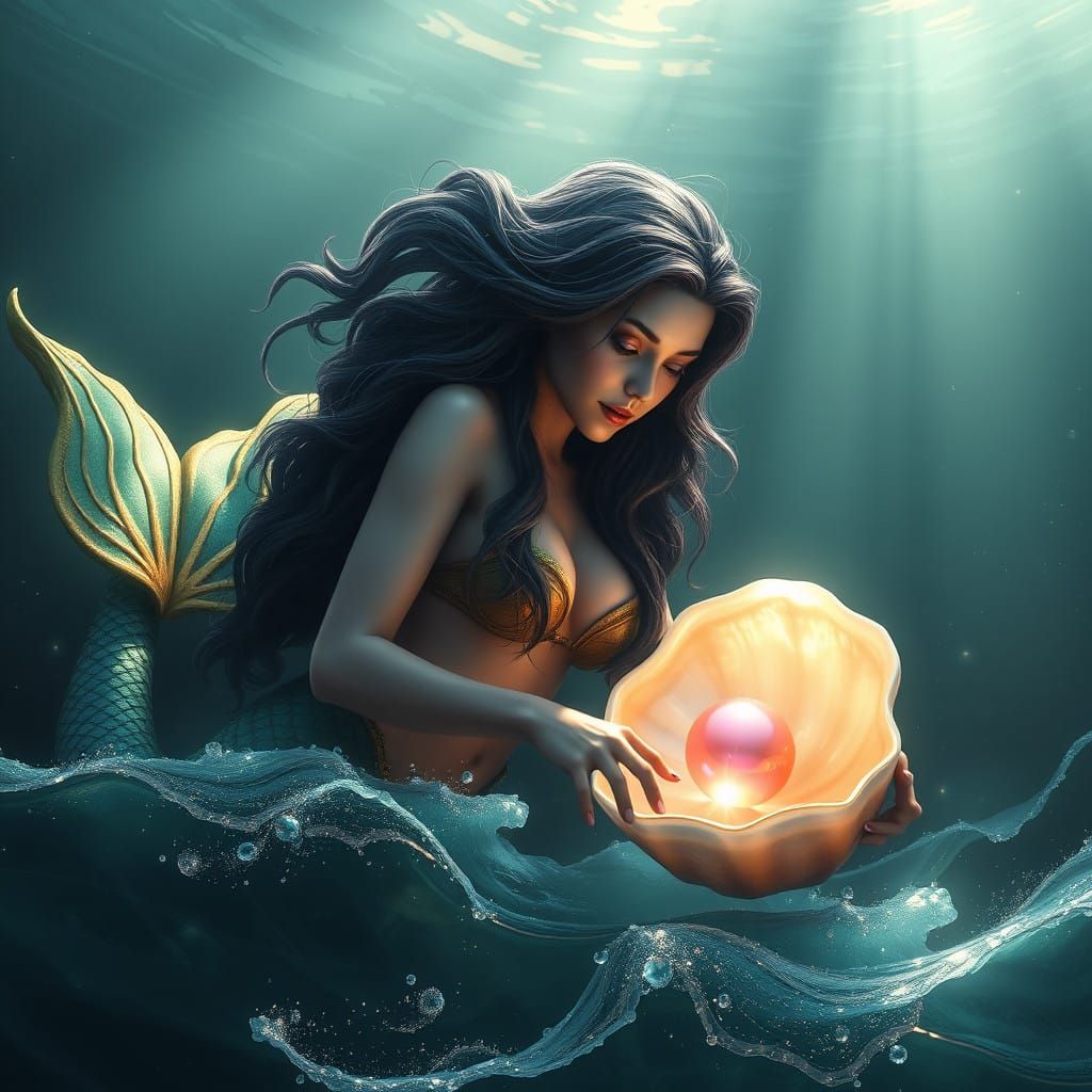 Mystical Siren Discovers Radiant Pearl in Ocean Depths