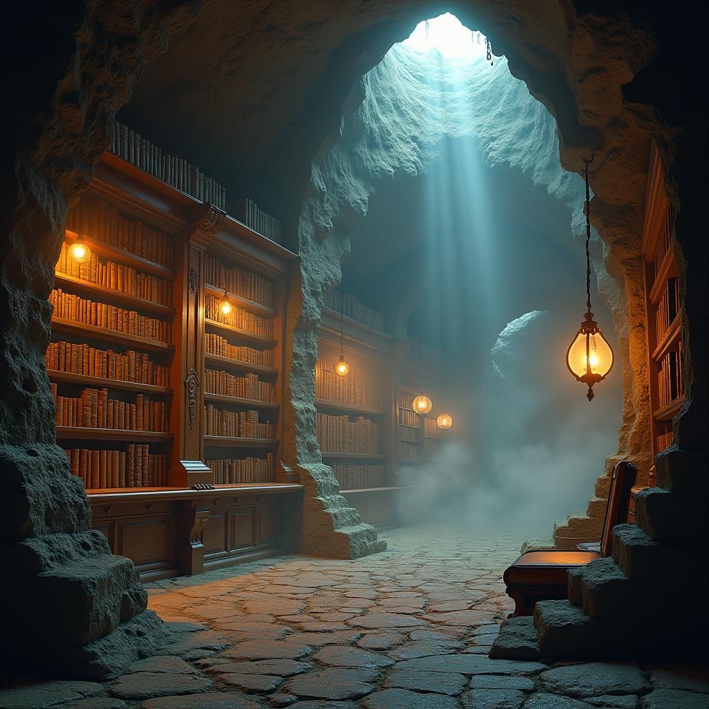 Mystical Cave Library with Ethereal Glow