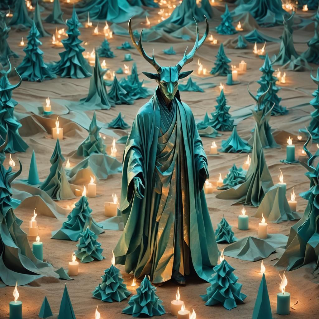 Dreamlike Horned Figure in Surrealist Landscape