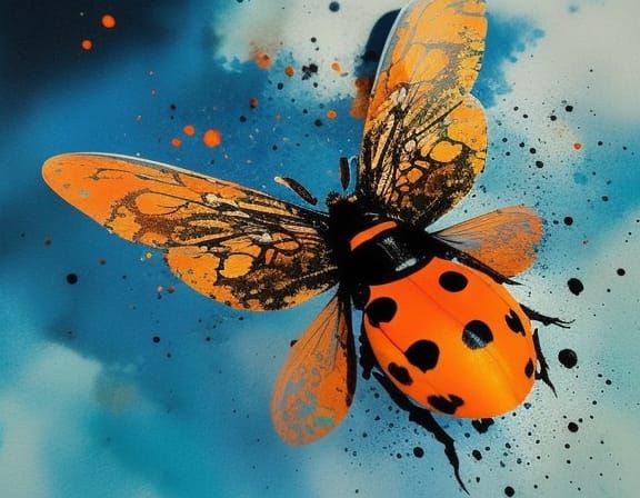 Flying Orange Ladybug in Ink Splash Art Style