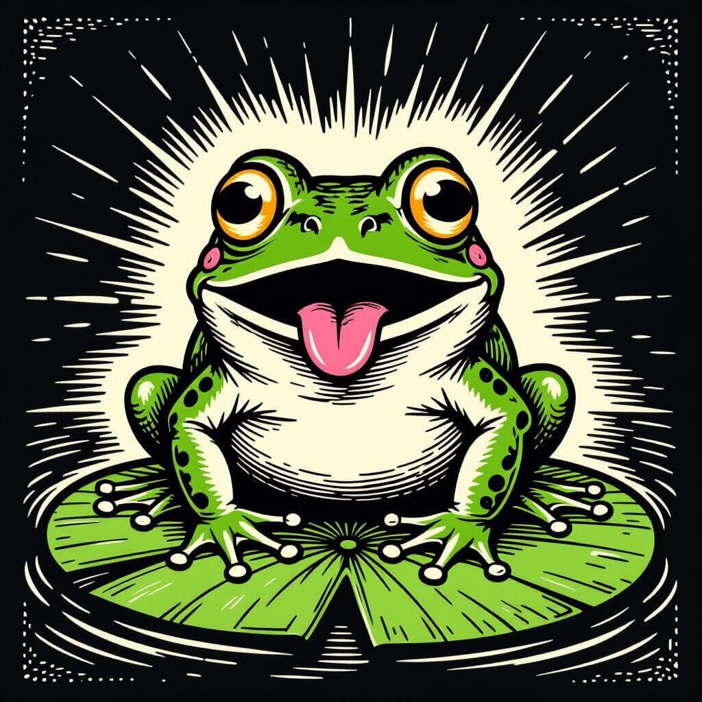 Surprised Frog in Medieval Woodcut Style
