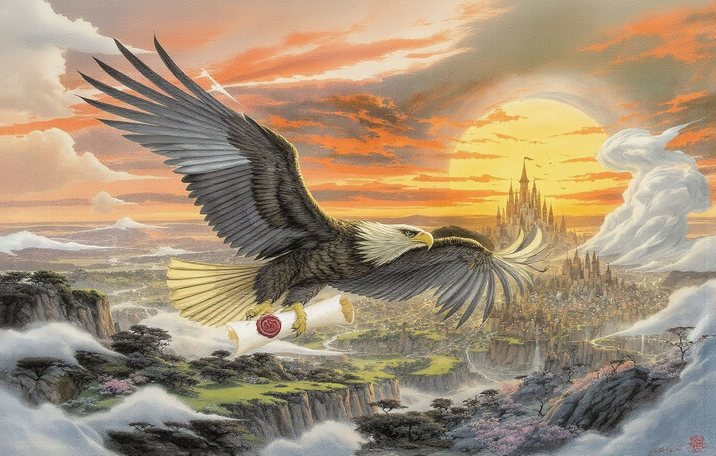 Majestic Eagle Delivering Scroll Over Fantasy Kingdom
