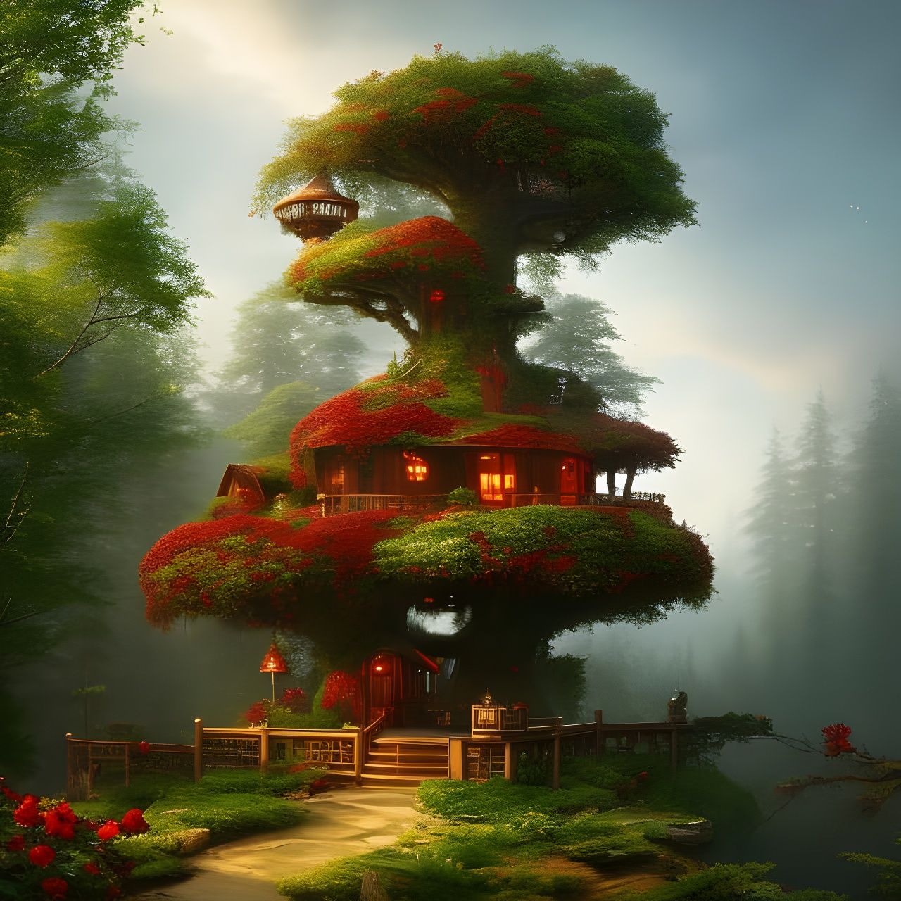 Fantasy tree house with red roses, ultra-detailed, film photography, light leaks, haze, Larry Bud Melman, trending on ar...
