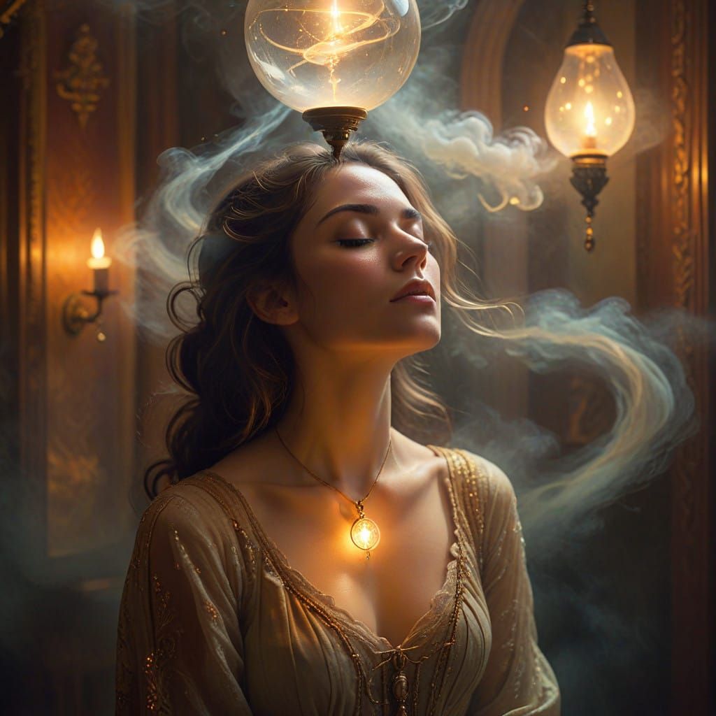 Woman in Trance, Surrounded by Enchanted Mist and Pendulum
