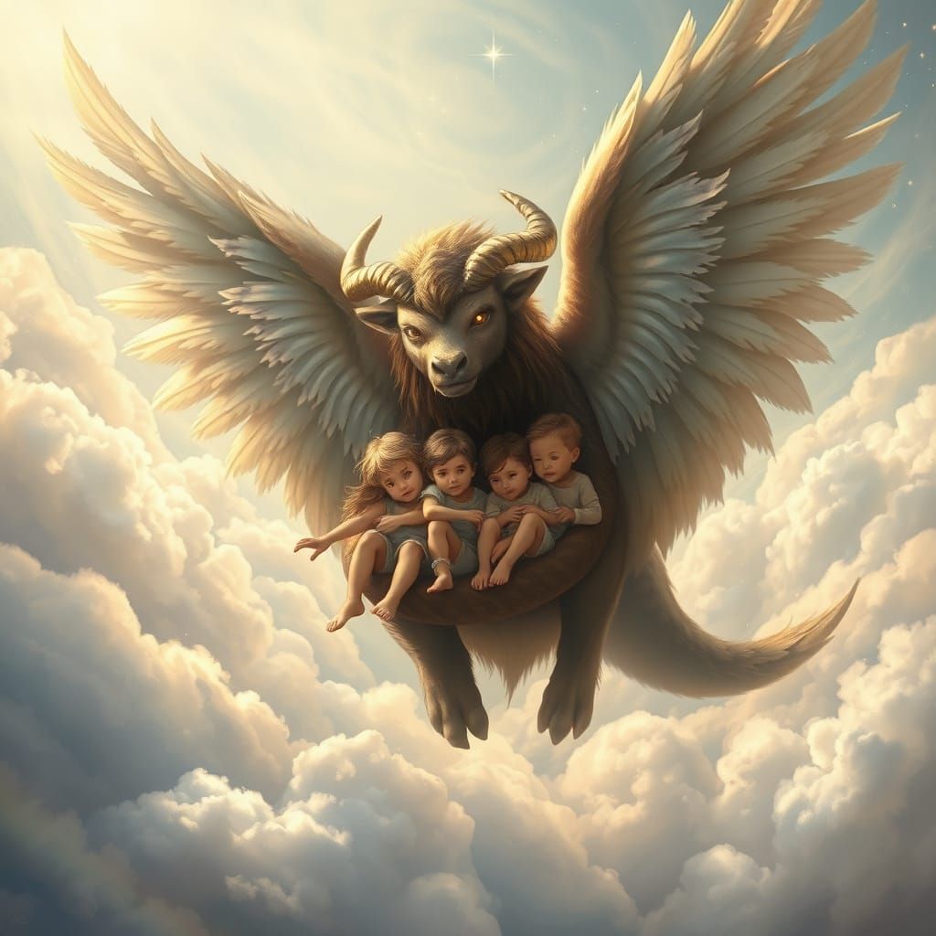 Horned Sky Beast Soaring with Children, Ethereal Dreamscape