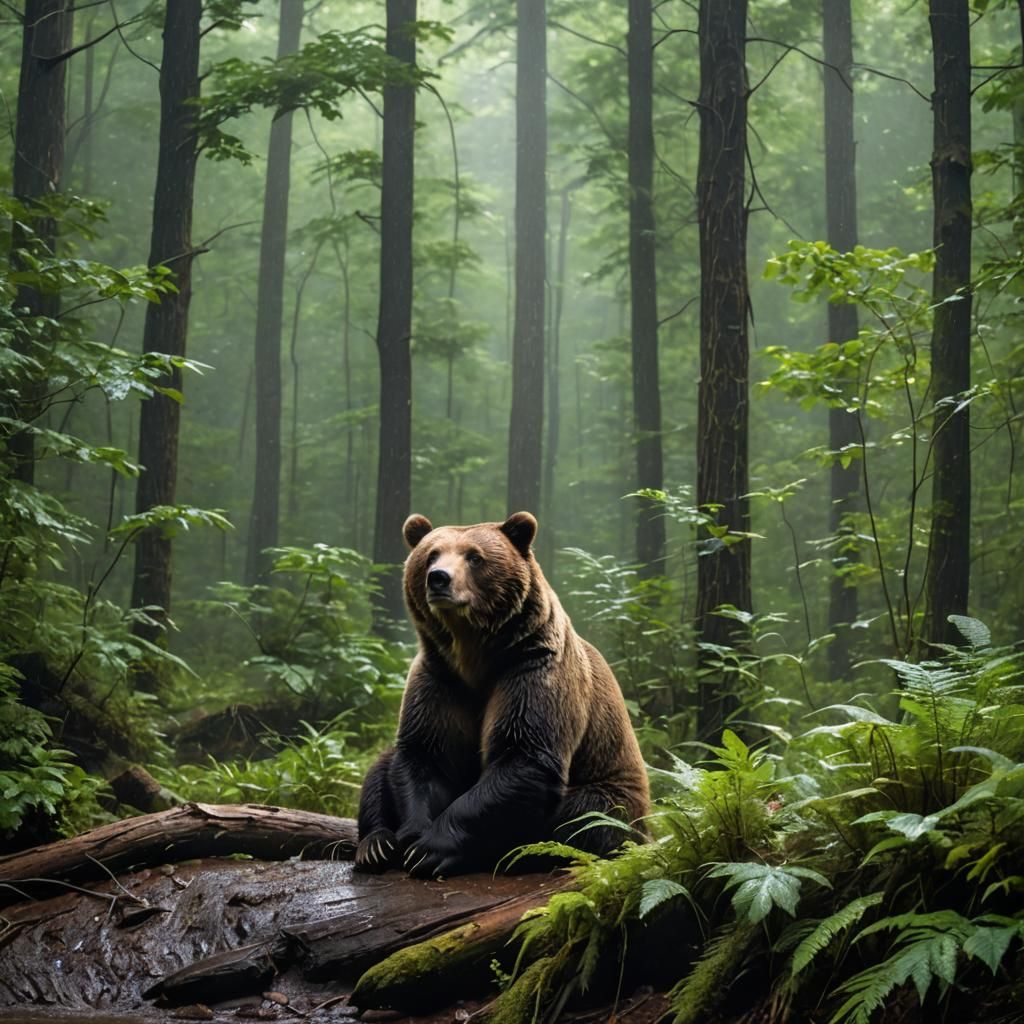 Grizzly Bear Happily Sitting in Rainy Appalachian Forest