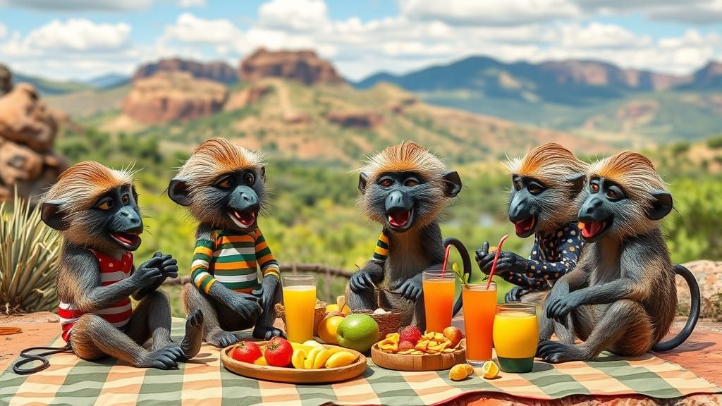 Vibrant Baboon Picnic in Sun-Kissed Magaliesberg Landscape