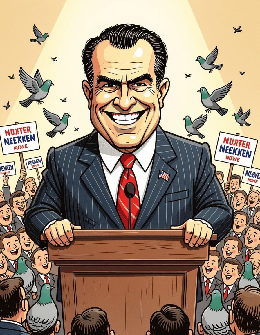 Cartoon Caricature of Richard Nixon with Cheering Pigeons