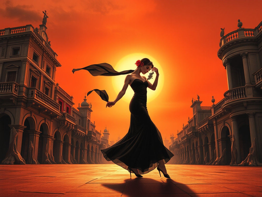 Dramatic Tango Dancer in Surreal Plaza, Oil Painting Style