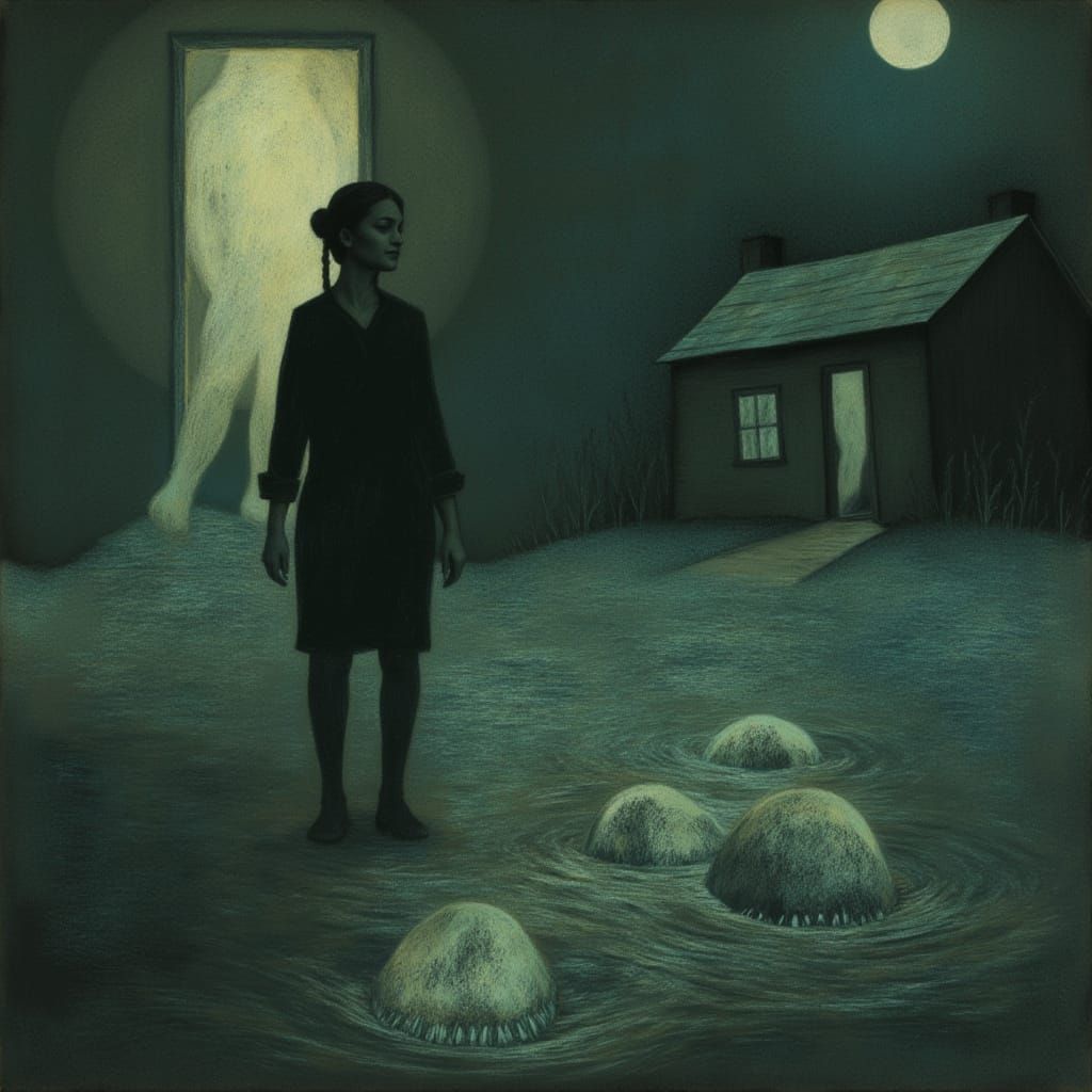 Ethereal Woman on Desolate Shore with Spectral Ghost