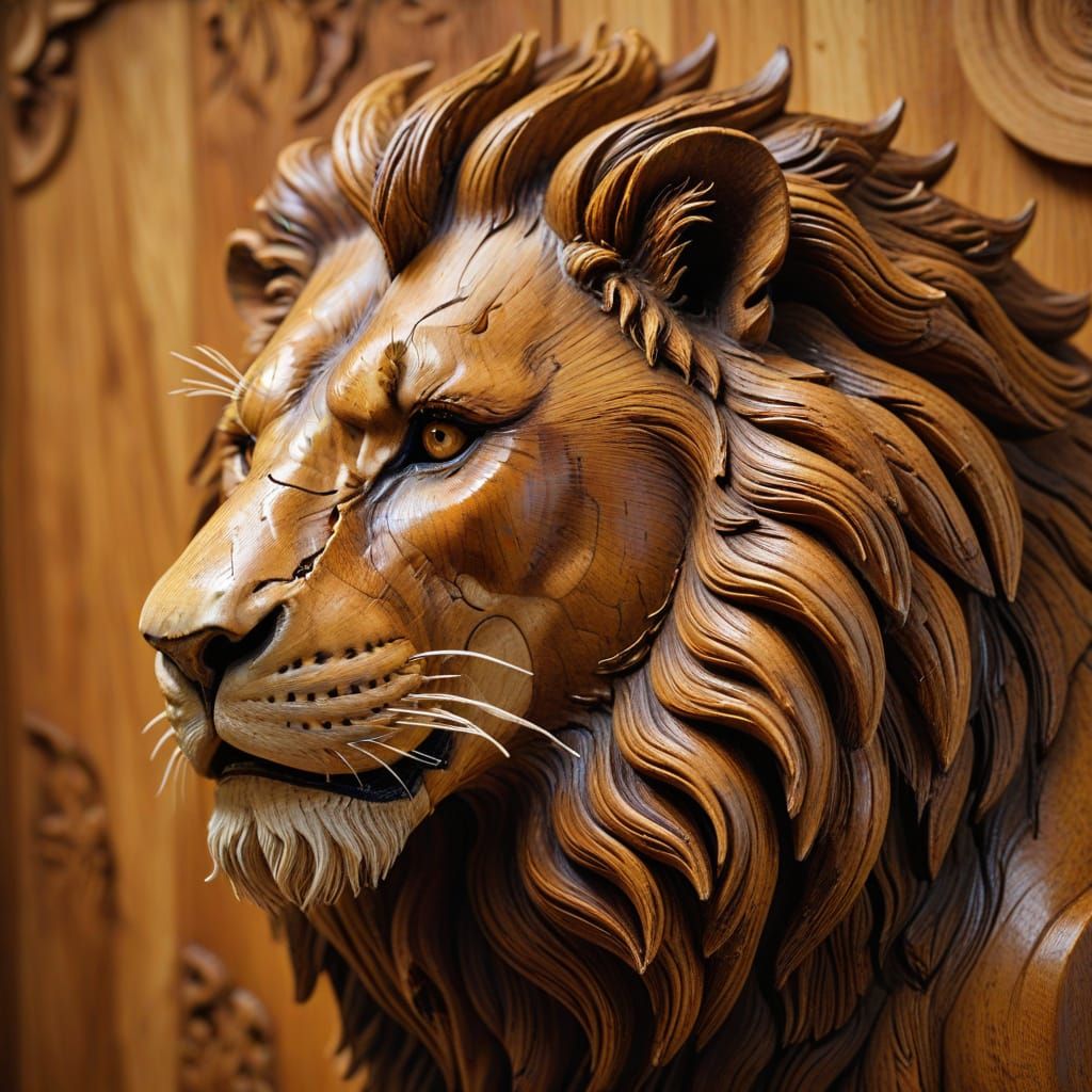 Intricate Wood Carving of a Golden Lion