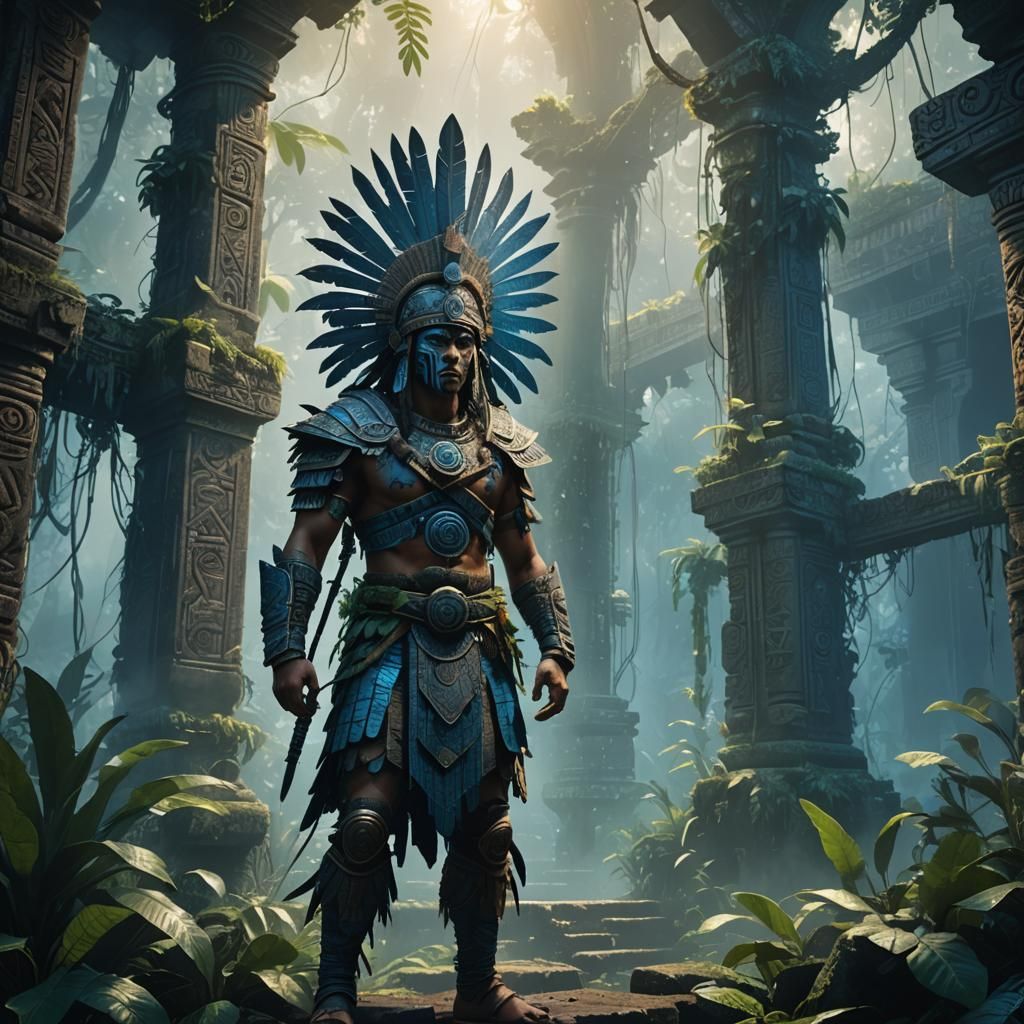 Aztec Warrior in Jungle Temple, Fantasy Concept Art