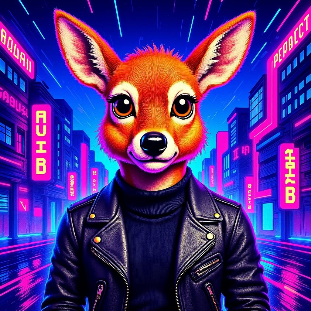 Trendy Anthro Deer in Glitching Neon Cityscape