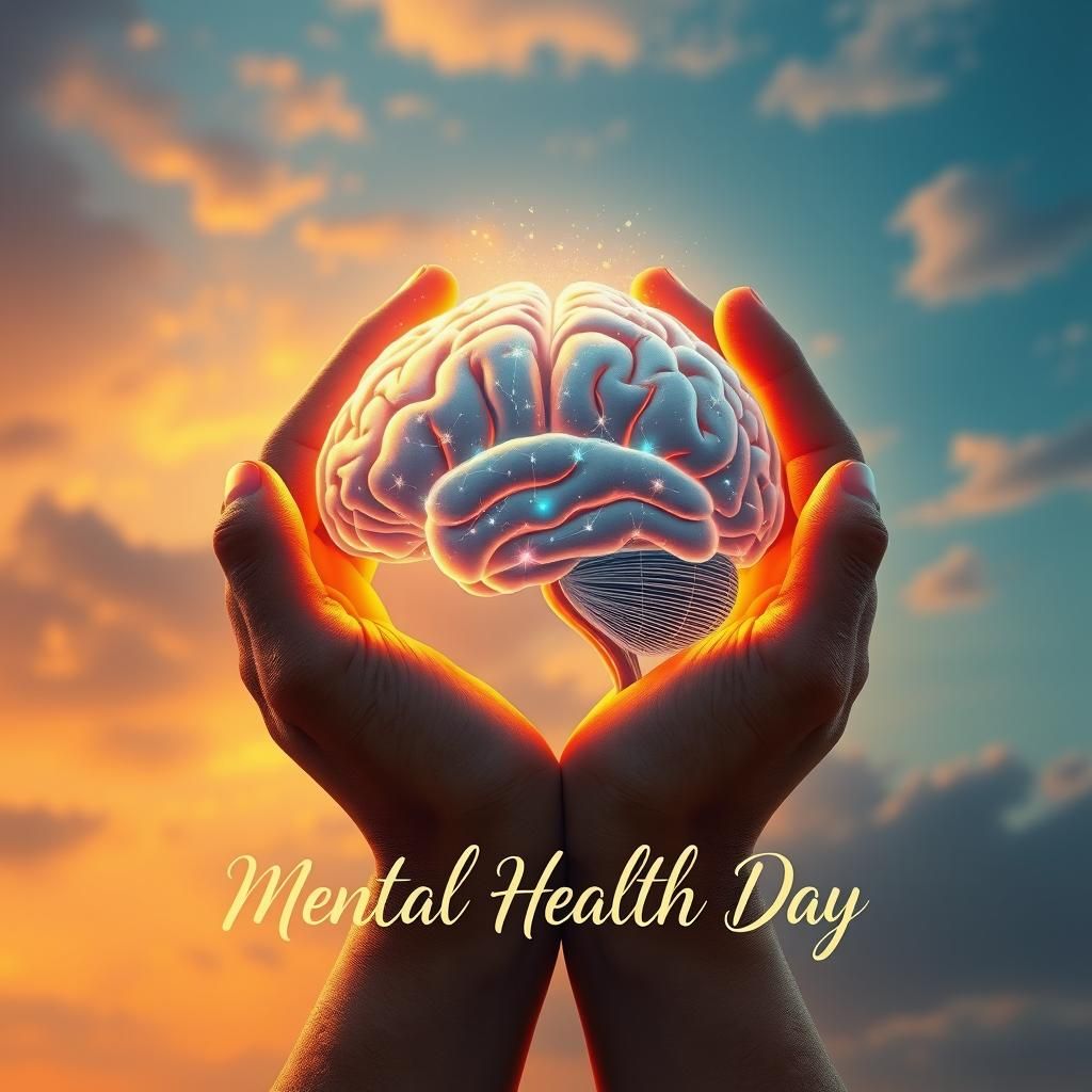 Glowing Brain Held in Gentle Hands: Mental Health