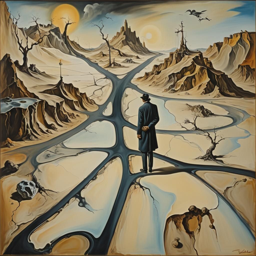 Surreal Crossroads: A Dali-esque Oil Painting